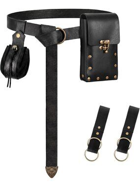 Renaissance Black H Medieval Belt Pouch Set Removable Pouch and Drawstring Bag